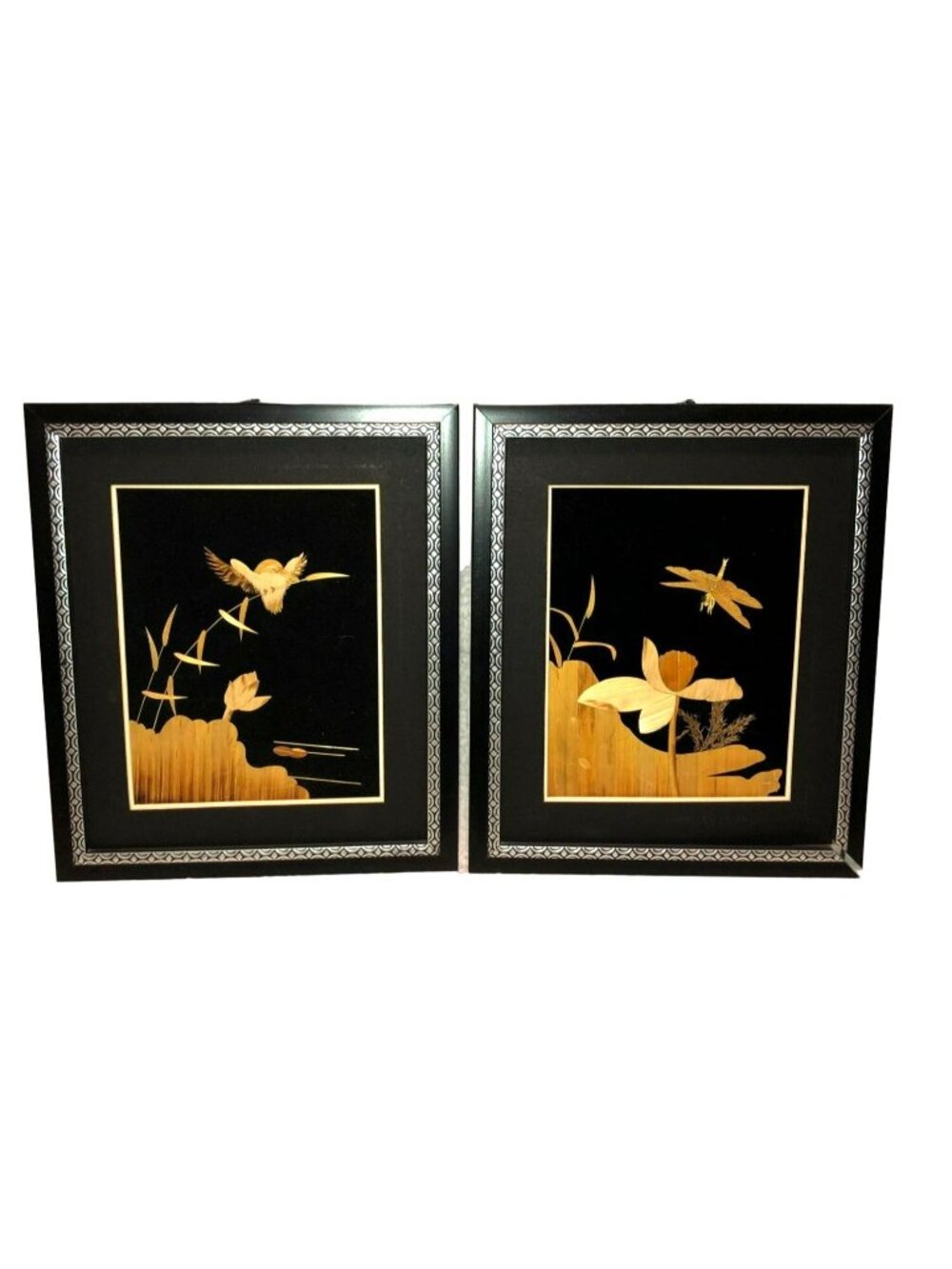 Vtg Japanese Bamboo Artwork Framed 11 x 13 1980s King Fisher & Dragonfly Okinawa